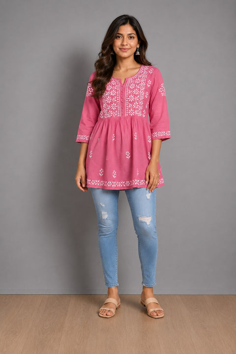 Pink Color Embroidered Three-Quarter Sleeves Round Neck Chikankari Short Kurti for Women Kurti (D2060)