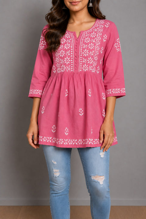 Pink Color Embroidered Three-Quarter Sleeves Round Neck Chikankari Short Kurti for Women Kurti (D2060)