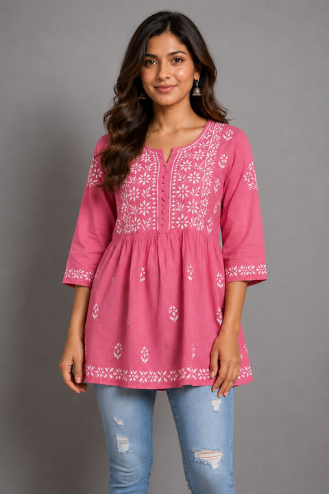 Pink Color Embroidered Three-Quarter Sleeves Round Neck Chikankari Short Kurti for Women Kurti (D2060)