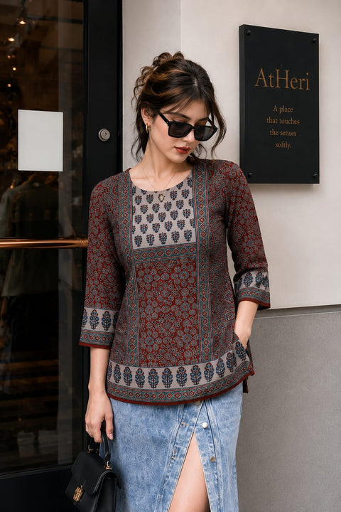 Maroon Jaipuri Cotton Print Round Neck Short Tunic Top (D1751A)