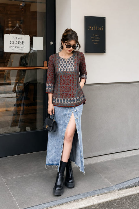 Maroon Jaipuri Cotton Print Round Neck Short Tunic Top (D1751A)