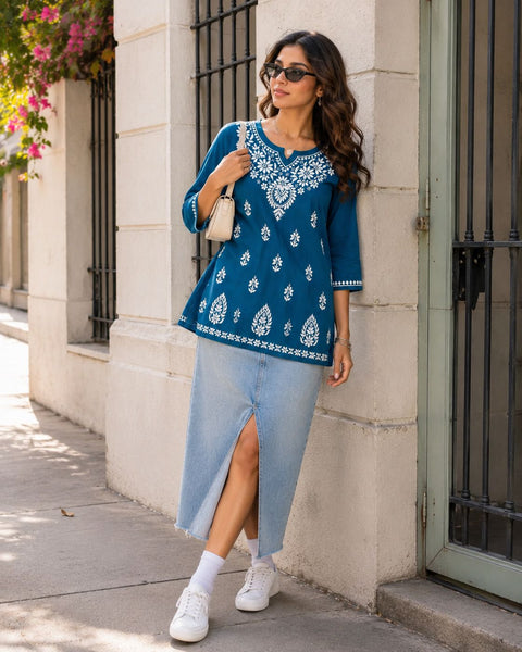 Peacock Blue Color Women Ethnic Motifs Embroidered Modal Chikankari Kurti (D2066)