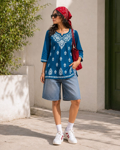 Peacock Blue Color Women Ethnic Motifs Embroidered Modal Chikankari Kurti (D2066)
