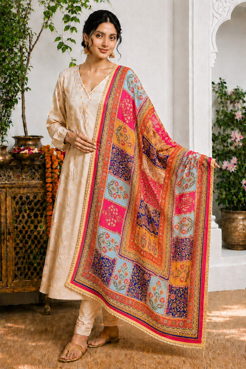 Vibrant Multi Printed Mirror Work Silk Dupatta with Graceful Drape (D477)