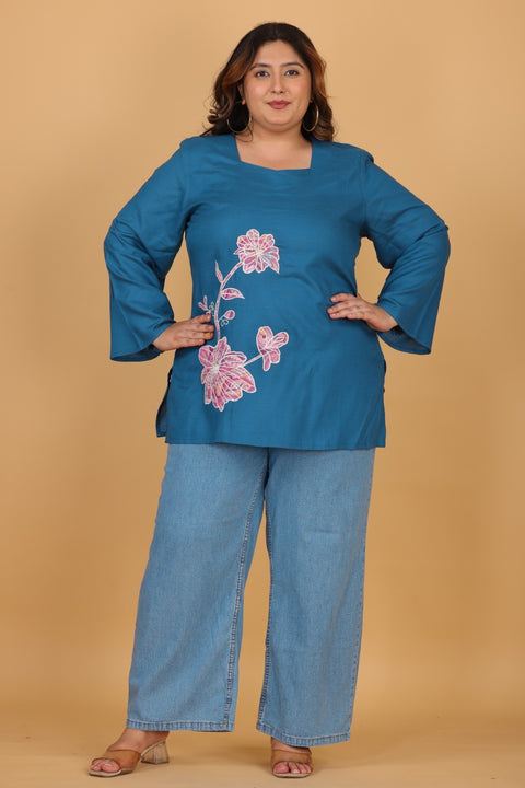 Blue Colour Viscose Linen Patch Work Short Kurti for Women (D2243)