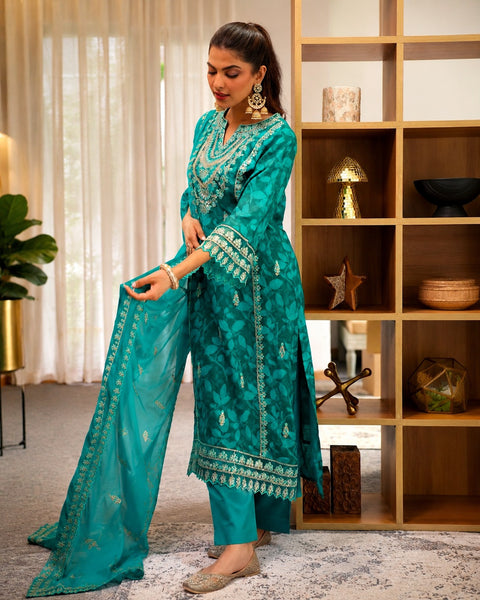 Teal Blue Cotton Silk Embroidered Kurta Set With Dupatta (D2012)