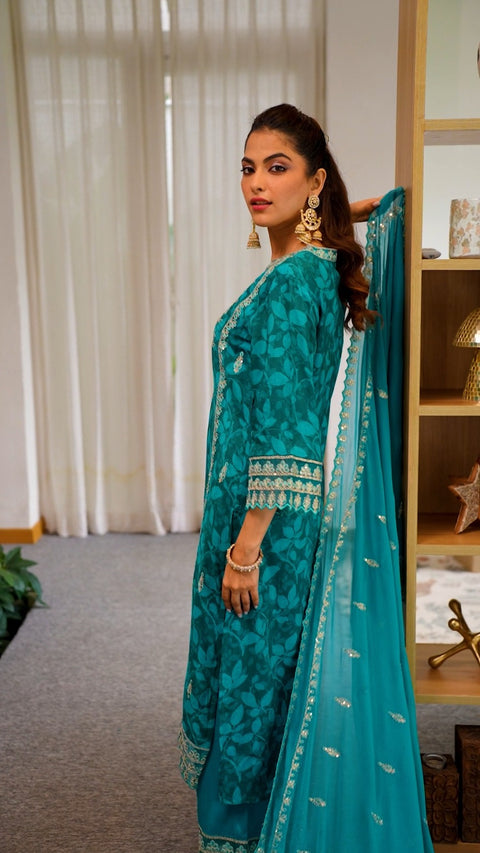Teal Blue Cotton Silk Embroidered Kurta Set With Dupatta (D2012)