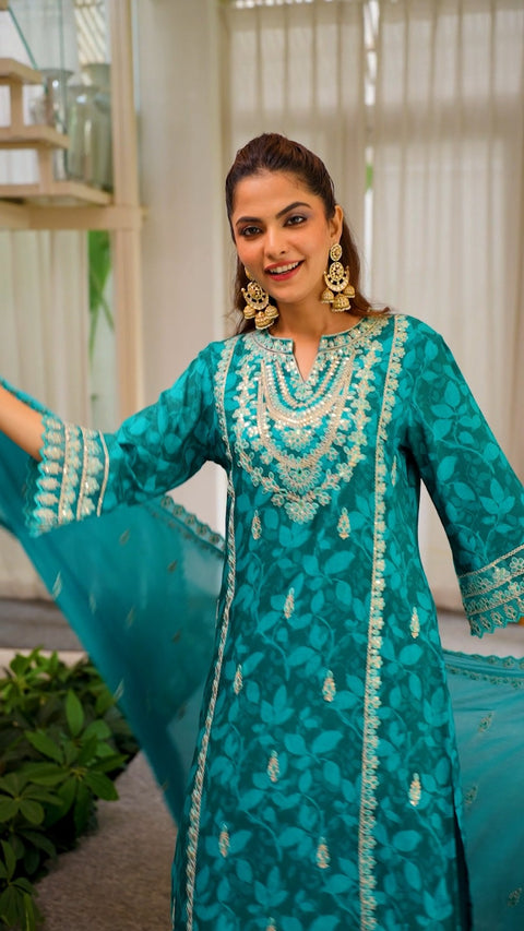 Teal Blue Cotton Silk Embroidered Kurta Set With Dupatta (D2012)