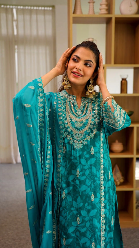 Teal Blue Cotton Silk Embroidered Kurta Set With Dupatta (D2012)