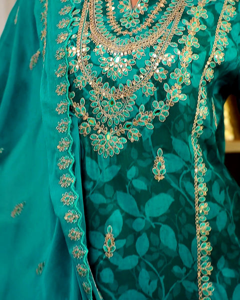 Teal Blue Cotton Silk Embroidered Kurta Set With Dupatta (D2012)