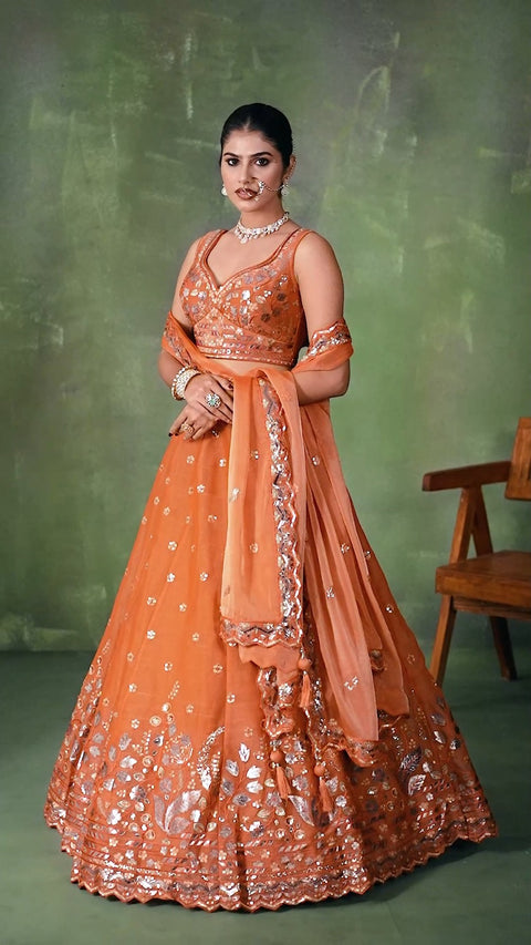 Orange Organza Fabric Sequins Thread & Embroidery Lehenga & Blouse With Dupatta (D950)