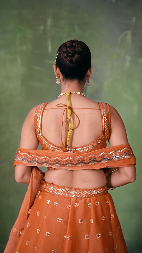 Orange Organza Fabric Sequins Thread & Embroidery Lehenga & Blouse With Dupatta (D950)