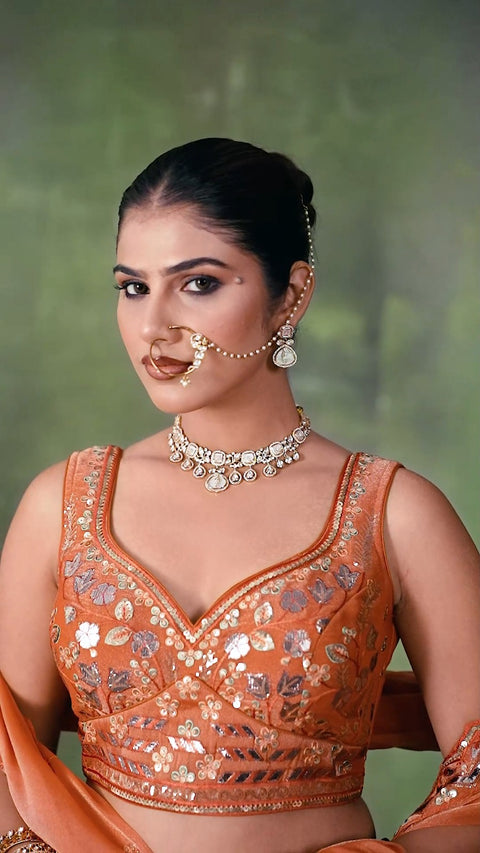 Orange Organza Fabric Sequins Thread & Embroidery Lehenga & Blouse With Dupatta (D950)