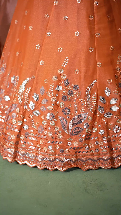Orange Organza Fabric Sequins Thread & Embroidery Lehenga & Blouse With Dupatta (D950)