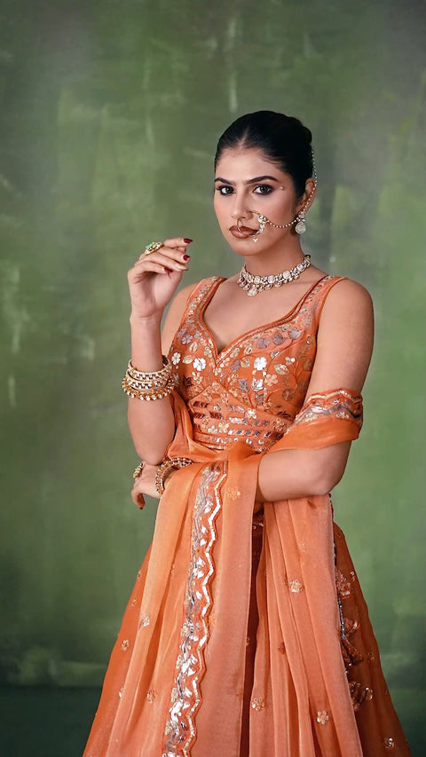 Orange Organza Fabric Sequins Thread & Embroidery Lehenga & Blouse With Dupatta (D950)