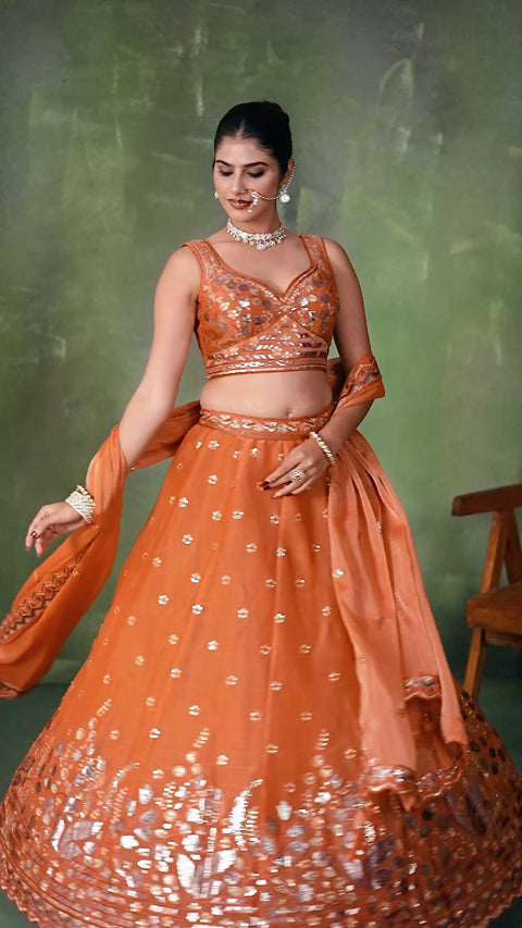 Orange Organza Fabric Sequins Thread & Embroidery Lehenga & Blouse With Dupatta (D950)