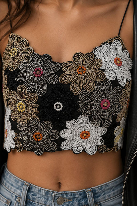 Black & Multi  Hand Embroidered Strappy Blouse For Party Wear (D1940)