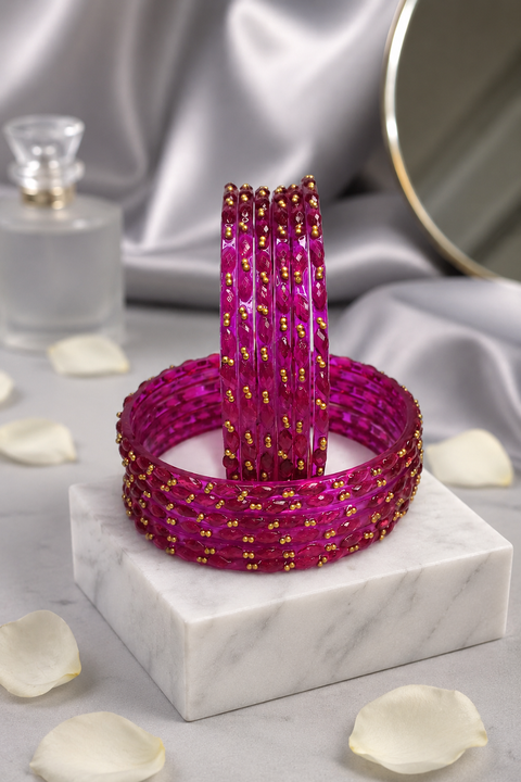Magenta Set of 12 Crystal Studded Glass Bangles for Women Elegant Party Wear Glass Bangles (D294)