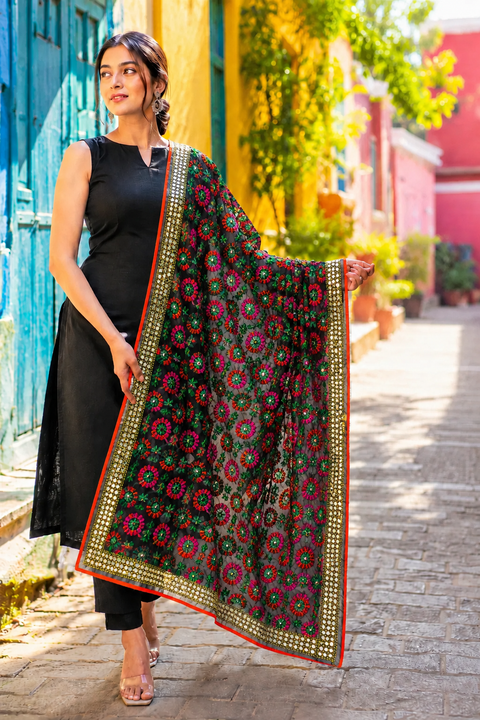 Elegant Black And Multi Phulkari Work Georgette Dupatta (D516)