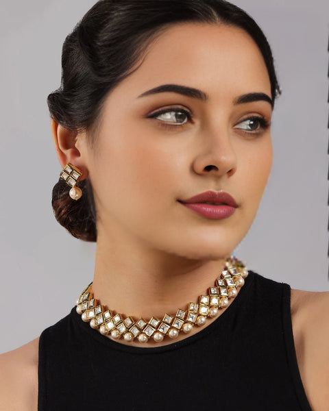 Designer Two Layer White Kundan Necklace with Earrings (D199)