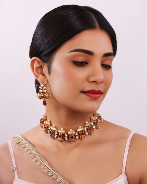 Designer Gold Plated Royal Kundan Choker Style Necklace with Earrings (D373)