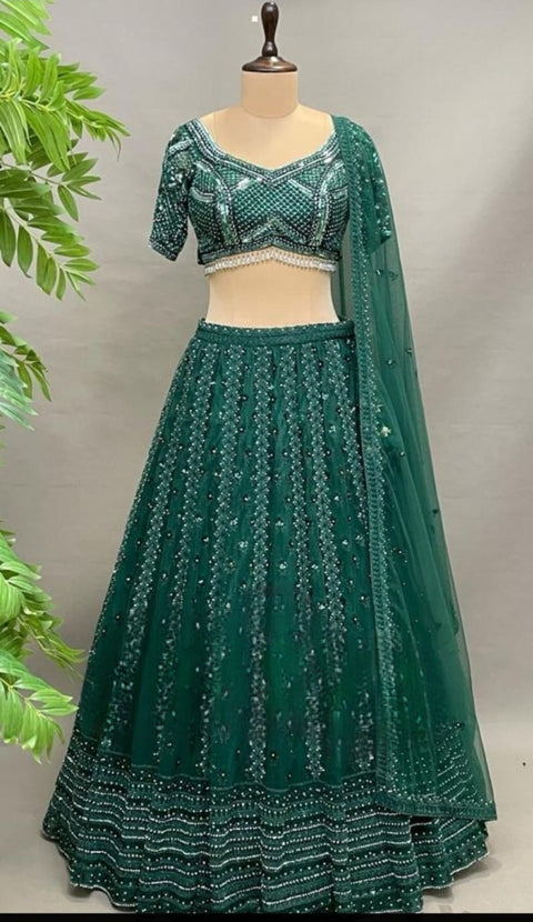 Green Net Embroidery Sequin V-Neck Lehenga And Blouse Set For Women (D327)