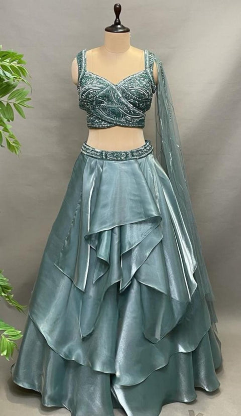 Smoky Green Organza Embroidered Sequin Cutdana Embellished Blouse Lehenga Set For Women (D45)