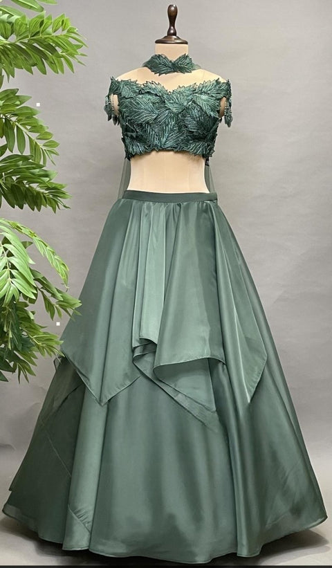 Green Organza Embroidered Sequin Cutdana Embellished Blouse Lehenga Set For Women (D56)
