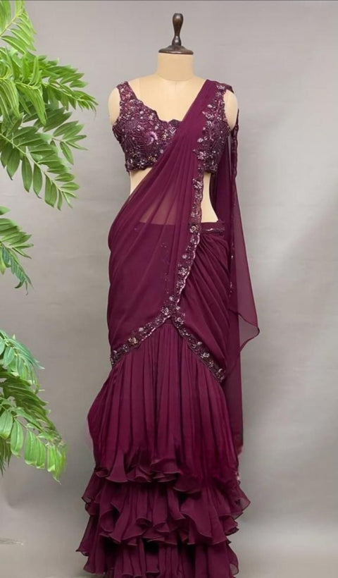 Designer Wine Georgette Draped Saree Set (D57)