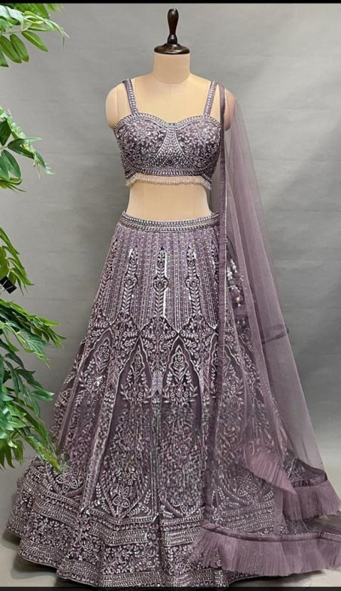 Mauve Net Heavy Embroidery Lehenga And Blouse Set For Women (D328)