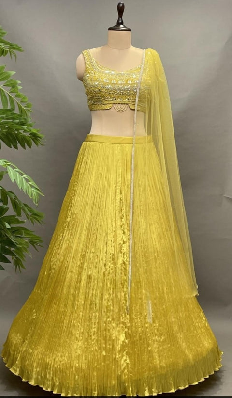 Yellow Color Embroidered Chinon Chiffon Party Wear Lehenga (D305)