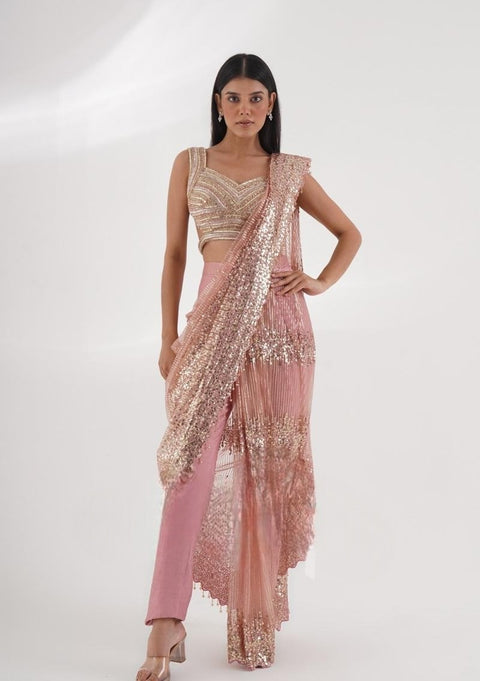 Light Pink Silk Net Drape Saree Set For Women (D48)