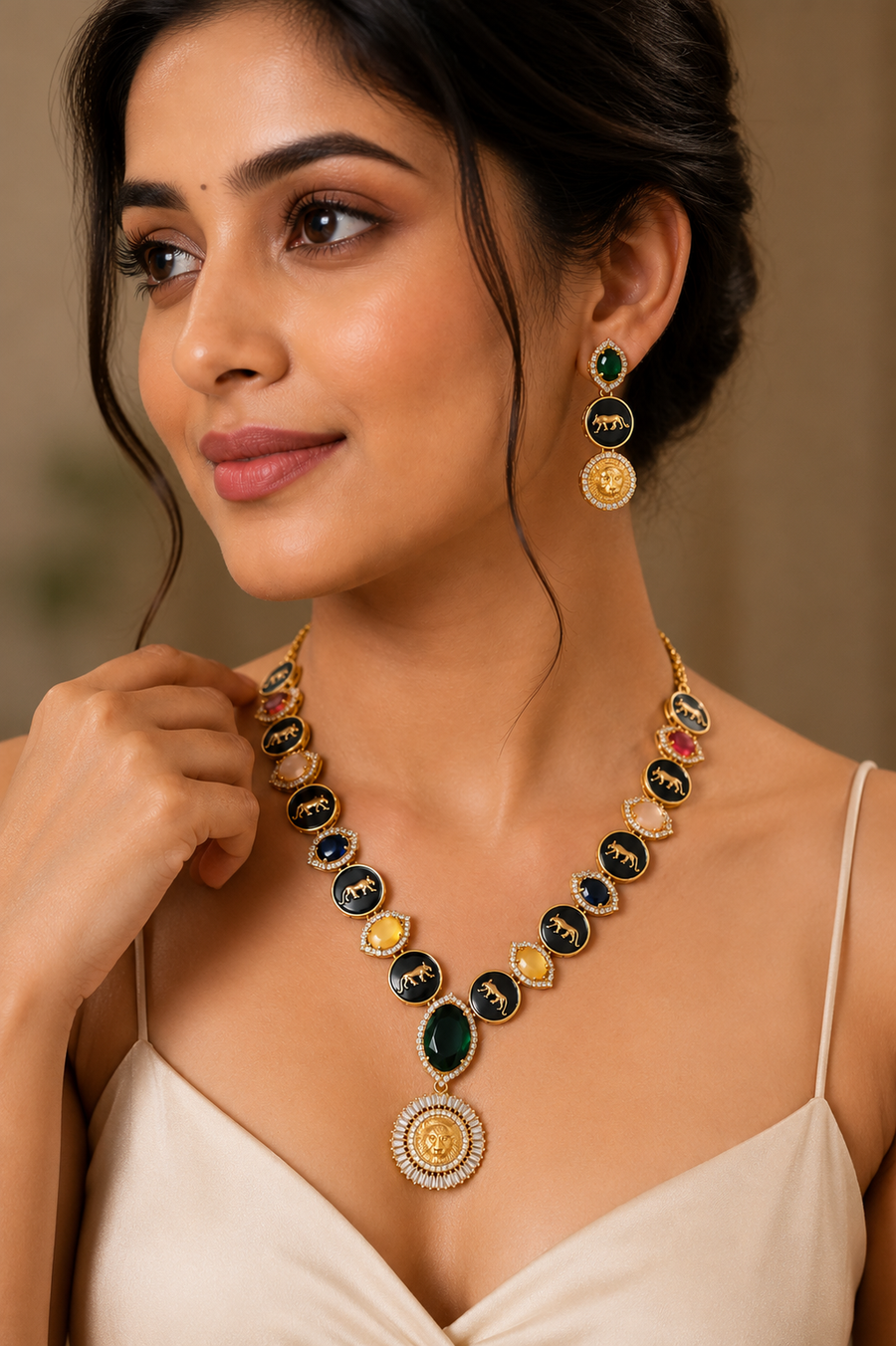 Designer Multi Color Royal American Diamond Necklace with Earrings (D1475)