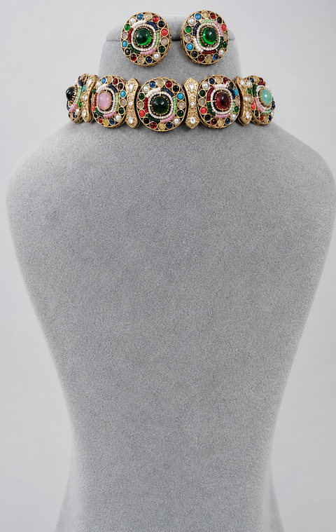 Bottle Green & Multi Sabyasachi Inspired Kundan Choker Set with Earrings (D1458)