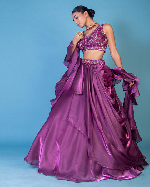 Burgundy Organza Embroidery Sequin Asymmetric Ruffle Top And Skirt Set For Women (D49A)