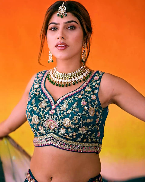 Teal Blue Silk Fabric Sequins Embroidery Lehenga & Blouse With Dupatta (D1008)