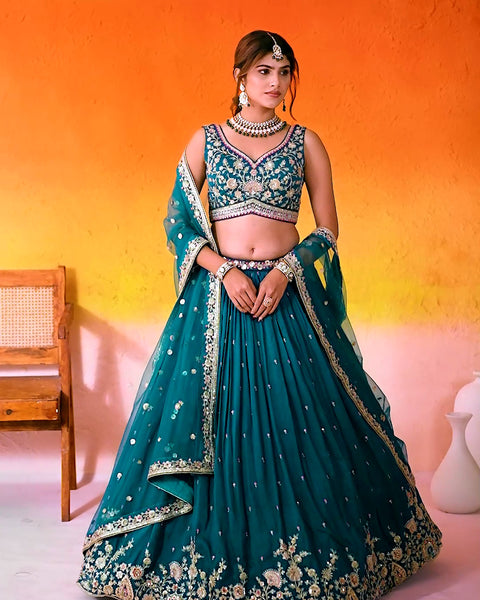 Teal Blue Silk Fabric Sequins Embroidery Lehenga & Blouse With Dupatta (D1008)