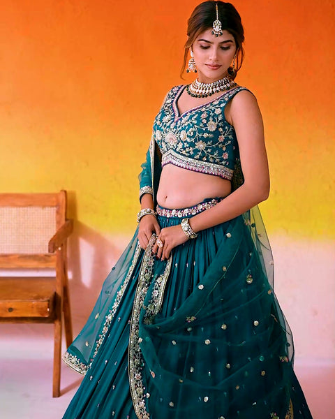 Teal Blue Silk Fabric Sequins Embroidery Lehenga & Blouse With Dupatta (D1008)