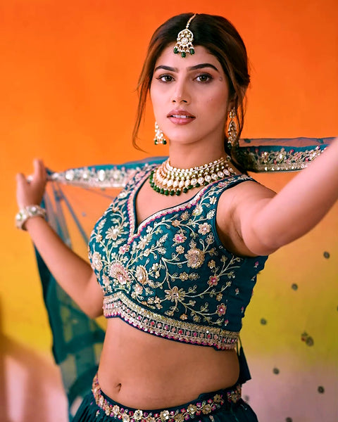Teal Blue Silk Fabric Sequins Embroidery Lehenga & Blouse With Dupatta (D1008)