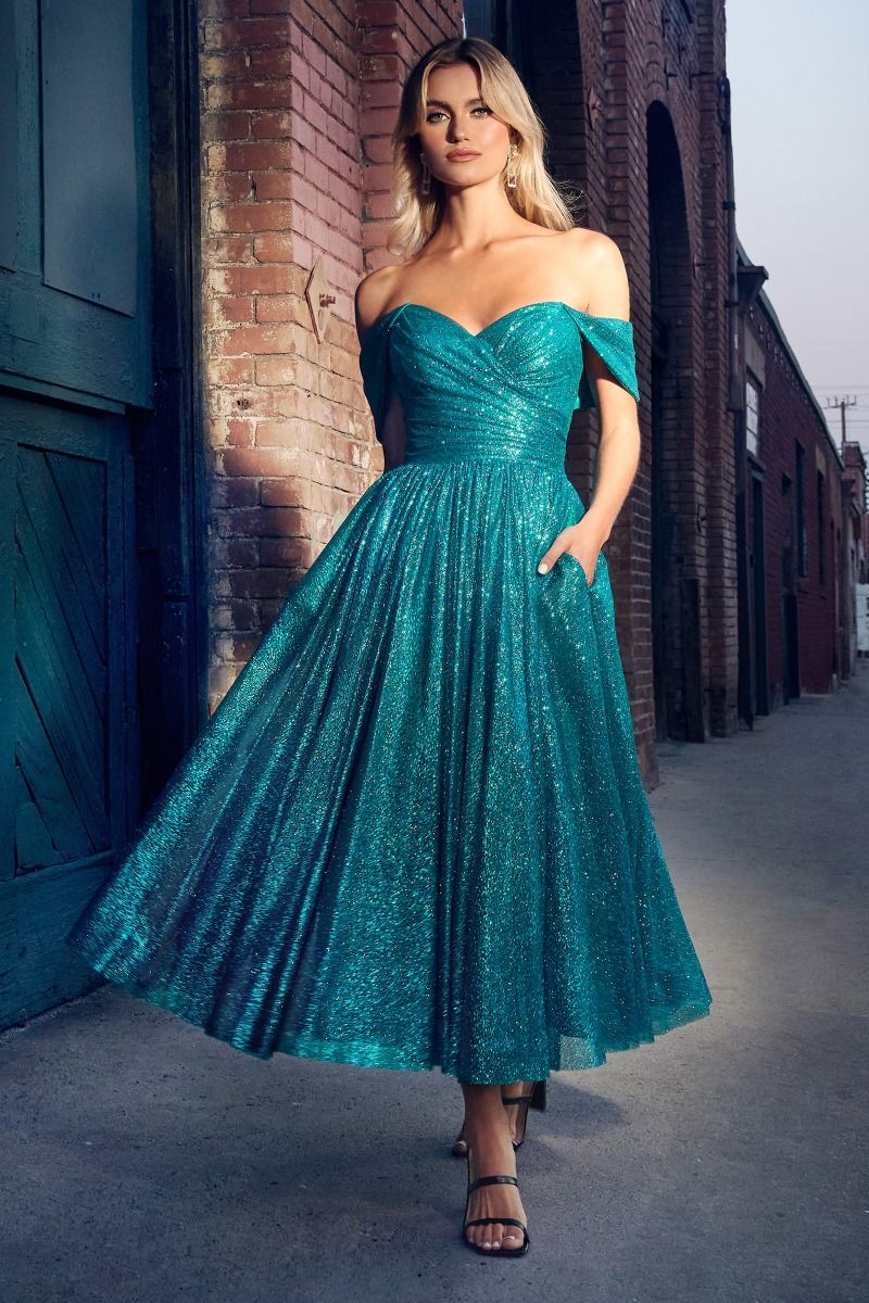 Tea-Length Turquoise Glitter Dress with Open Back Tea-Length Turquoise Glitter Dress with Open Back