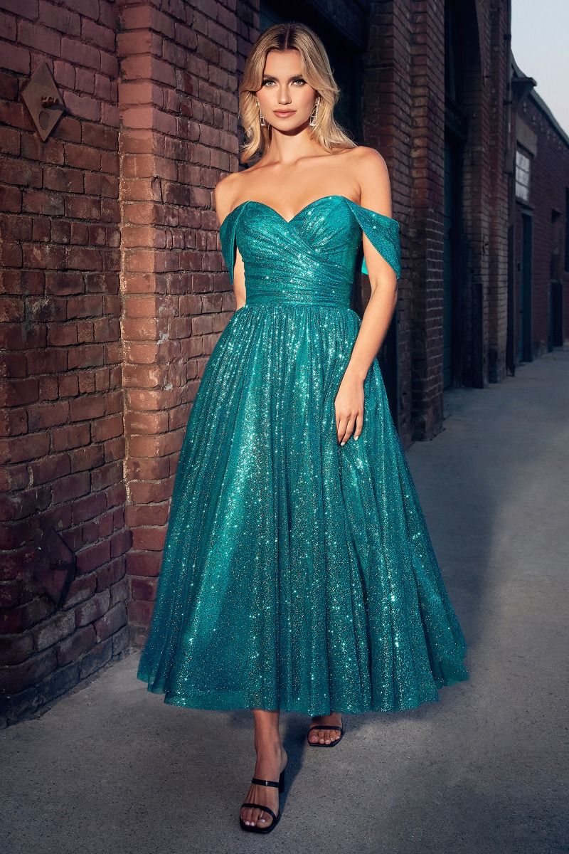 Tea-Length Turquoise Glitter Dress with Open Back Tea-Length Turquoise Glitter Dress with Open Back