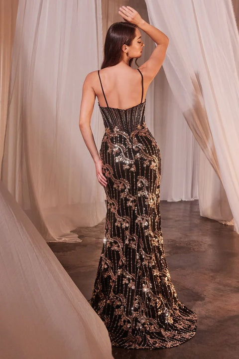 Black Sequin Embellished with Golden Accents Gown & Bridesmaid Dress (D136)