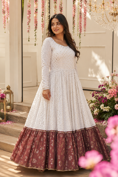 White & Brown Metallic Foilage Print Georgette Anarkali Long Gown (D804)