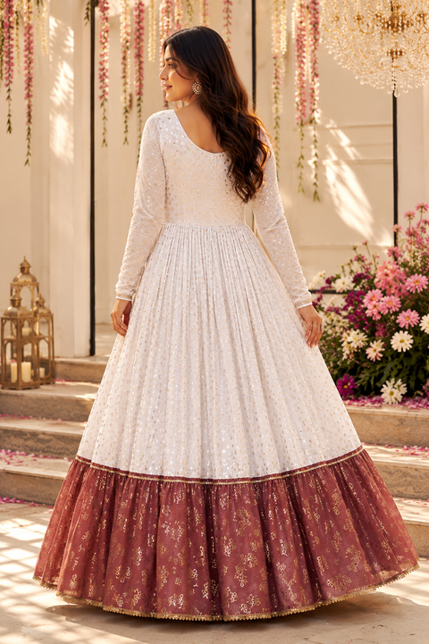 White & Brown Metallic Foilage Print Georgette Anarkali Long Gown (D804)