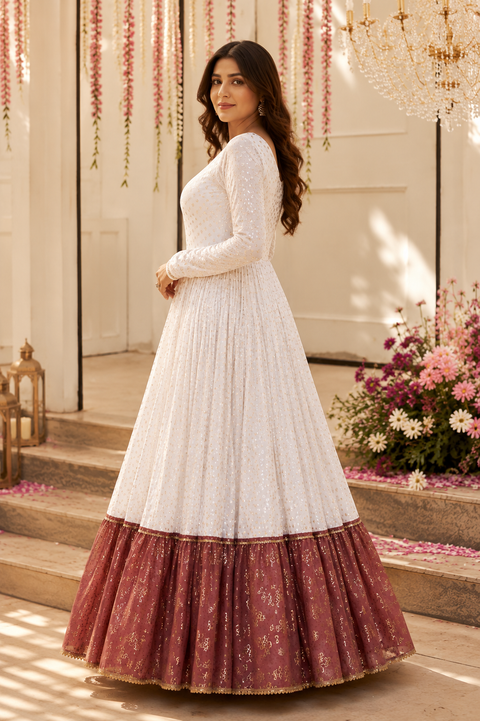 White & Brown Metallic Foilage Print Georgette Anarkali Long Gown (D804)