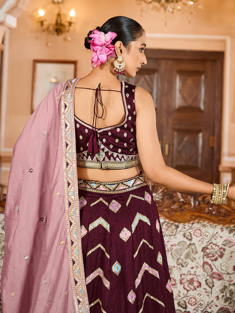 Brown-Silk Fabric Sequins embroidery Lehenga & Blouse With Dupatta (D927)