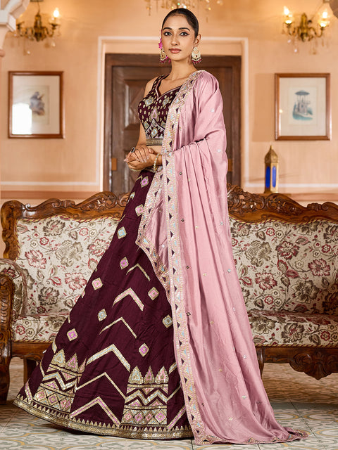 Brown-Silk Fabric Sequins embroidery Lehenga & Blouse With Dupatta (D927)