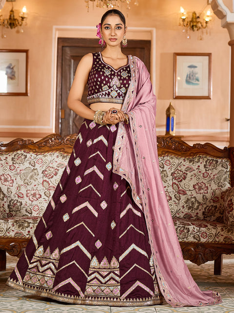 Brown-Silk Fabric Sequins embroidery Lehenga & Blouse With Dupatta (D927)