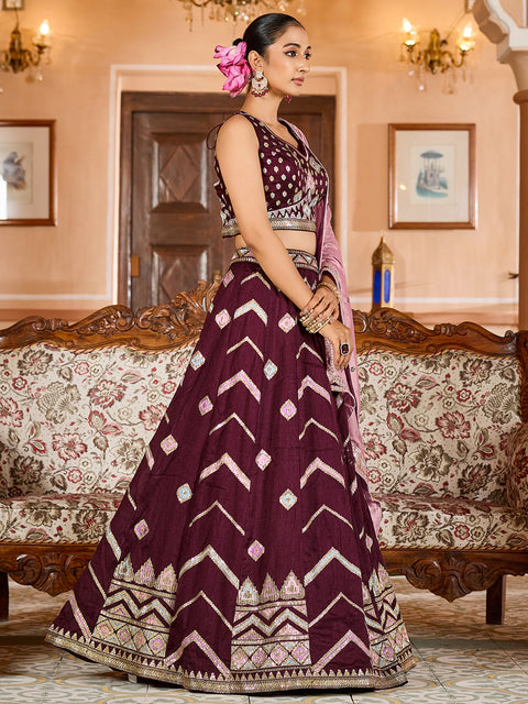 Brown-Silk Fabric Sequins embroidery Lehenga & Blouse With Dupatta (D927)