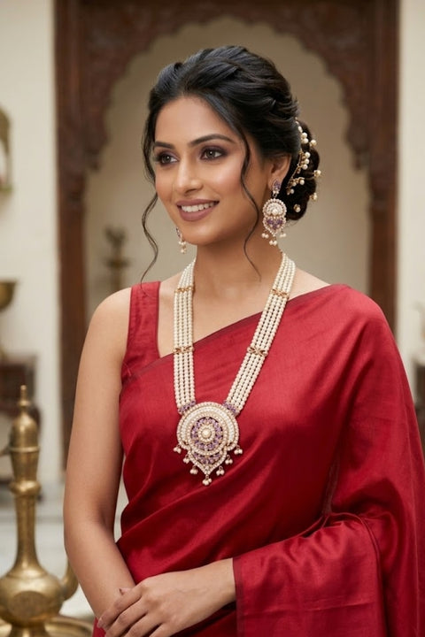 Elegant Multi-Strand Pearl White & Purple Kundan Necklace Set For Women (D1364)